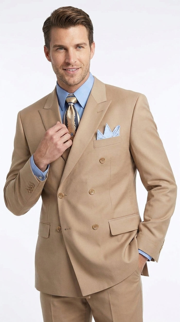 Men’s Tan Double-Breasted Suit – Classic Peak Lapel Business, Wedding and Formal Suit