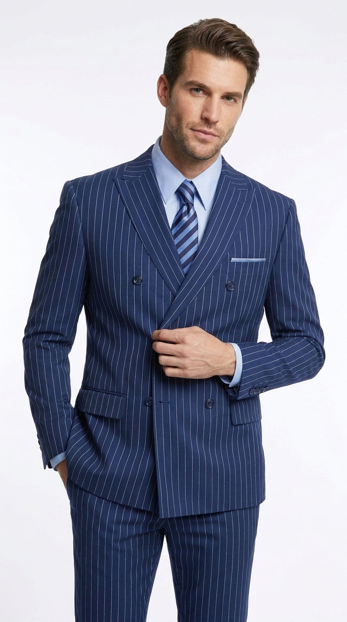 Men’s Royal Blue Pinstripe Double-Breasted Suit – 1920s Gangster Wedding, Prom and Business Suit