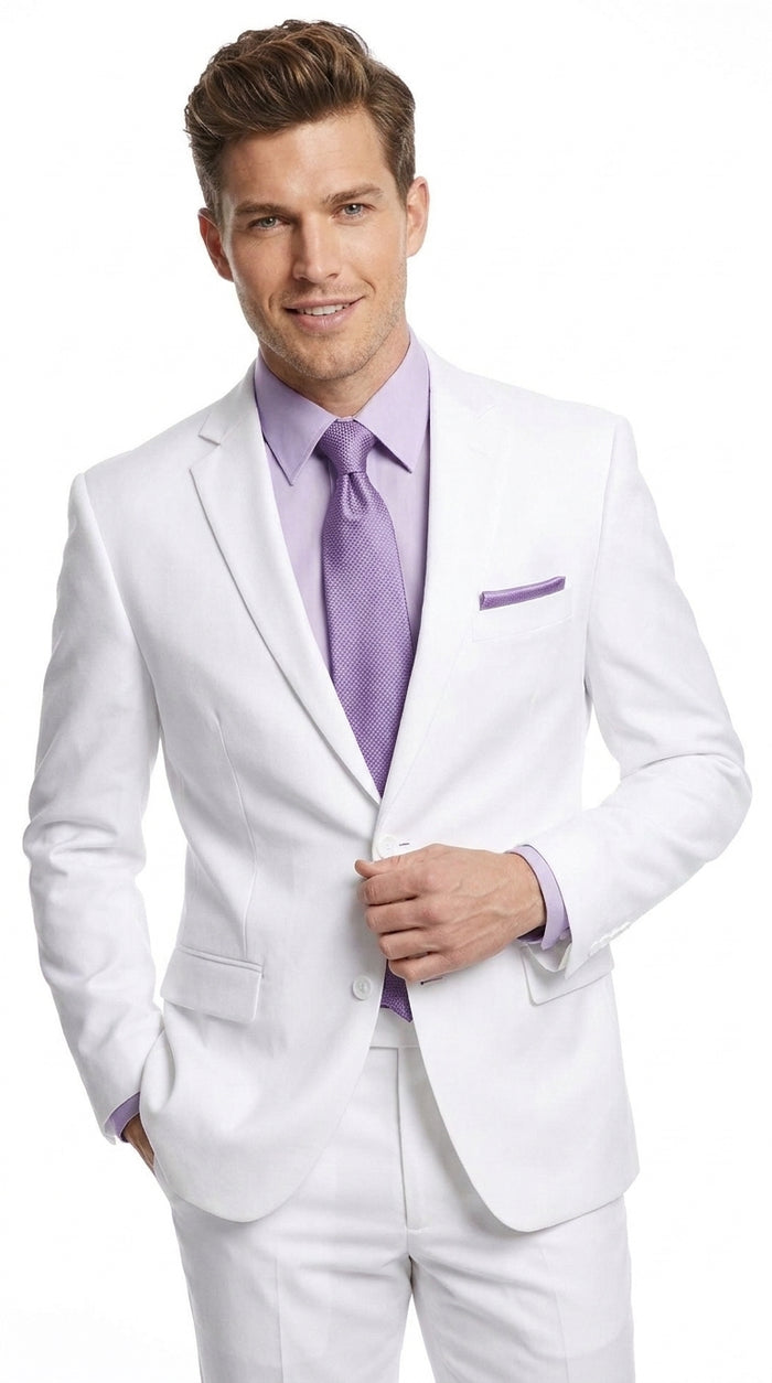 Men’s White Two-Button Poplin Suit – Modern Wedding, Prom and Formal Suit
