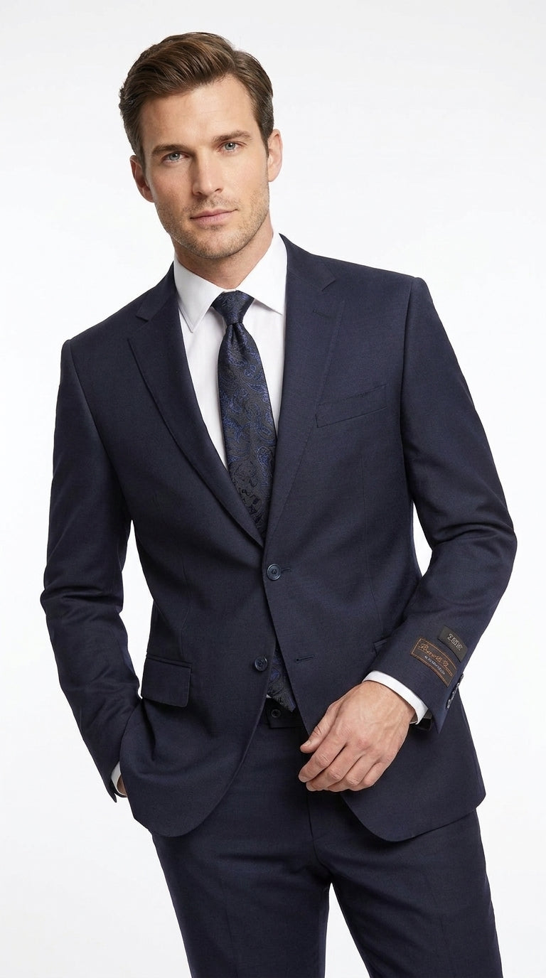 Tiglio Novello Men’s Navy Italian Wool Suit, Super 150s Modern Fit Formal Dress Suit