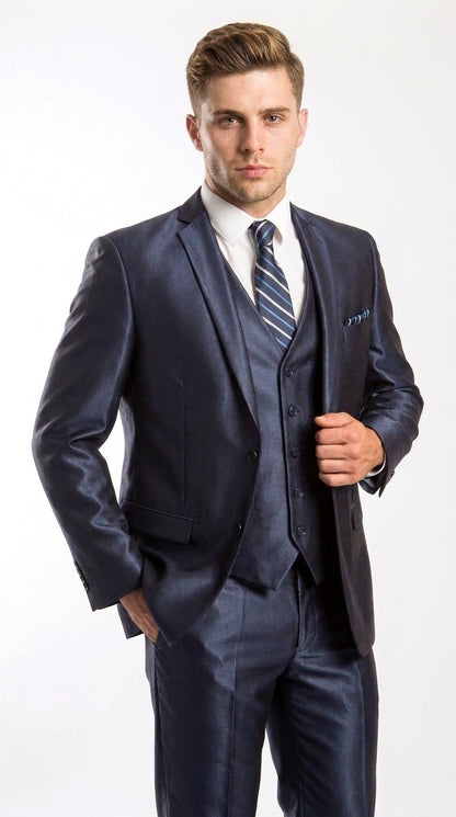 Men’s Navy Shiny Sharkskin Vested Suit, Tazio Formal Wedding Prom Dress Suit
