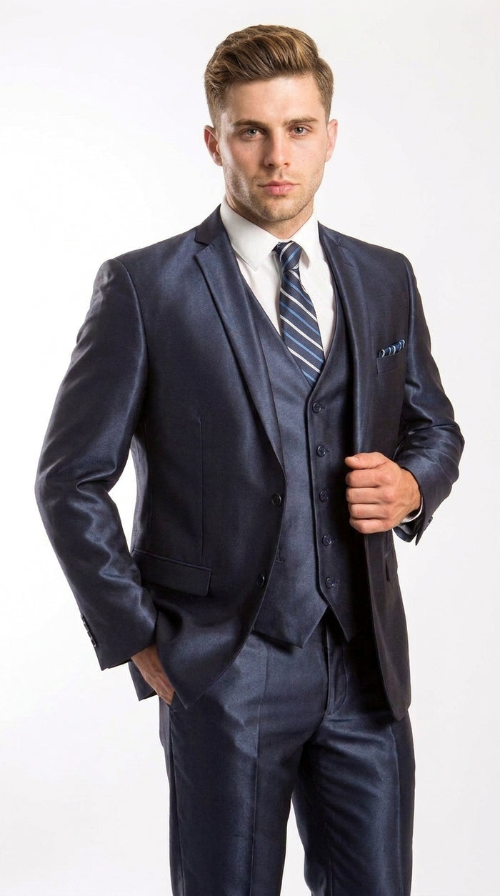 Men’s Navy Shiny Sharkskin Vested Suit, Tazio Formal Wedding Prom Dress Suit