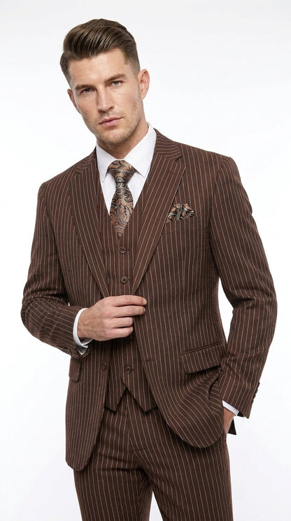 1920s Brown Pinstripe Suit for Men – 3 Piece Vintage Gangster Costume with Vest | Wide Pinstripe Classic Fit