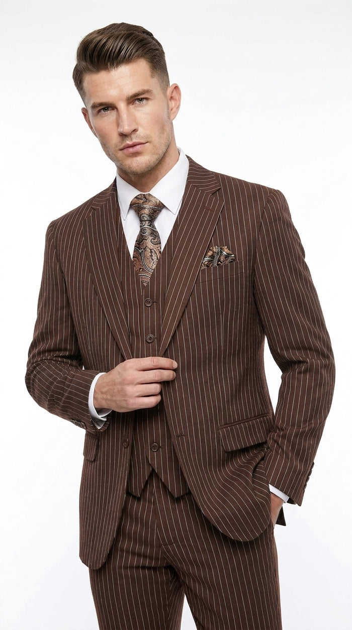1920s Brown Pinstripe Suit for Men – 3 Piece Vintage Gangster Costume with Vest | Wide Pinstripe Classic Fit