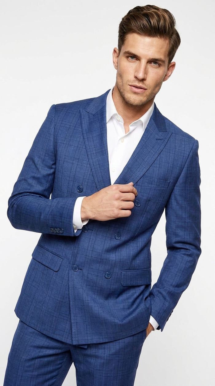 Men’s Royal Blue Plaid Double-Breasted Suit – 1920s Gangster Windowpane Wedding and Formal Suit