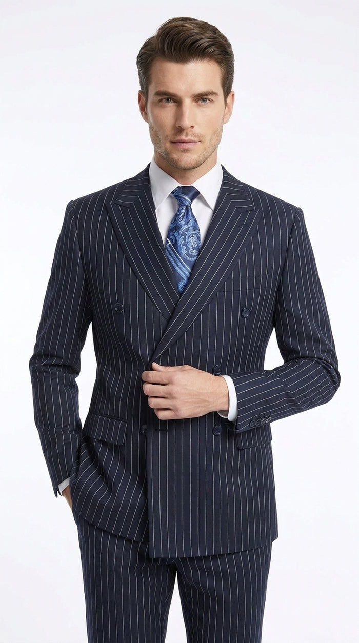 Men’s Navy Pinstripe Double-Breasted Suit – 1920s Gangster Wedding, Gatsby and Formal Suit