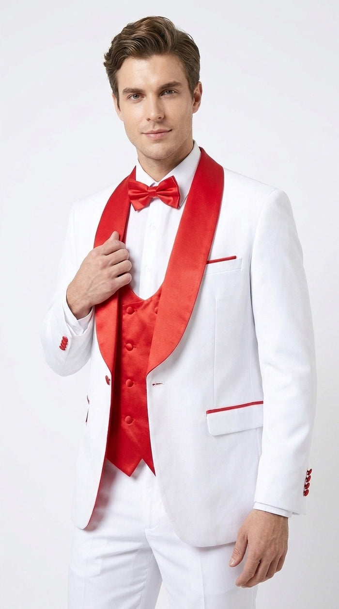 Men’s White and Red 3-Piece Tuxedo – One-Button Shawl Lapel Wedding, Prom and Formal Suit with Vest
