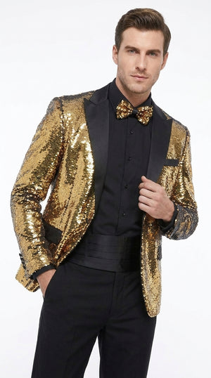 Men’s Gold and Black Sequin Tuxedo Jacket – Christmas, New Year, Prom and Party Dinner Blazer