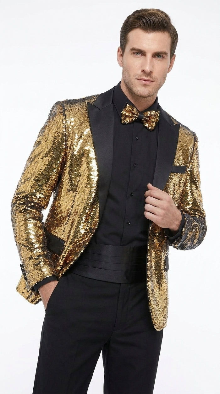 Men’s Gold and Black Sequin Tuxedo Jacket – Christmas, New Year, Prom and Party Dinner Blazer