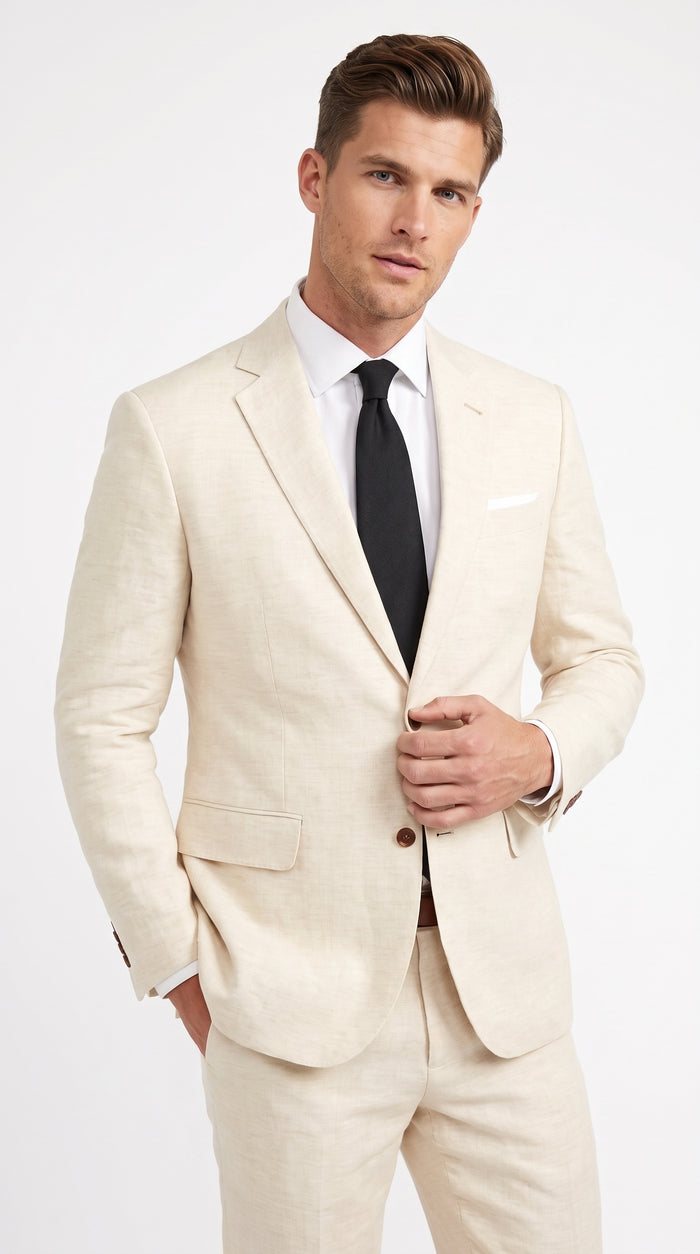 Men’s Beige Linen Suit – 2 Piece Summer Beach Wedding Suit for Men