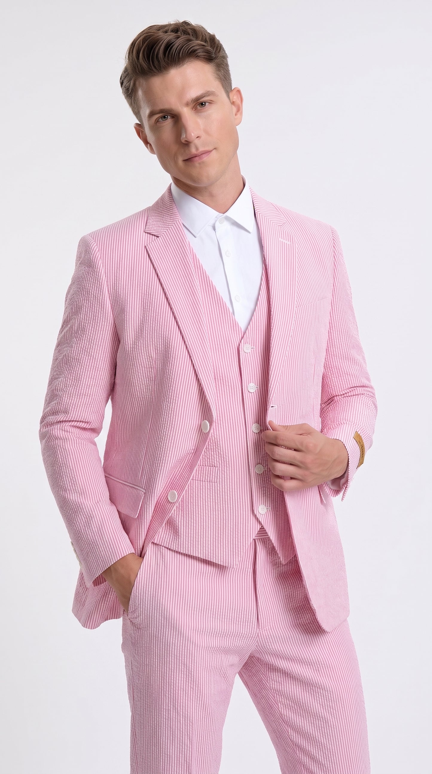 Men’s Red Pinstripe Seersucker Suit – 2 Piece Summer Suit Jacket and Pants