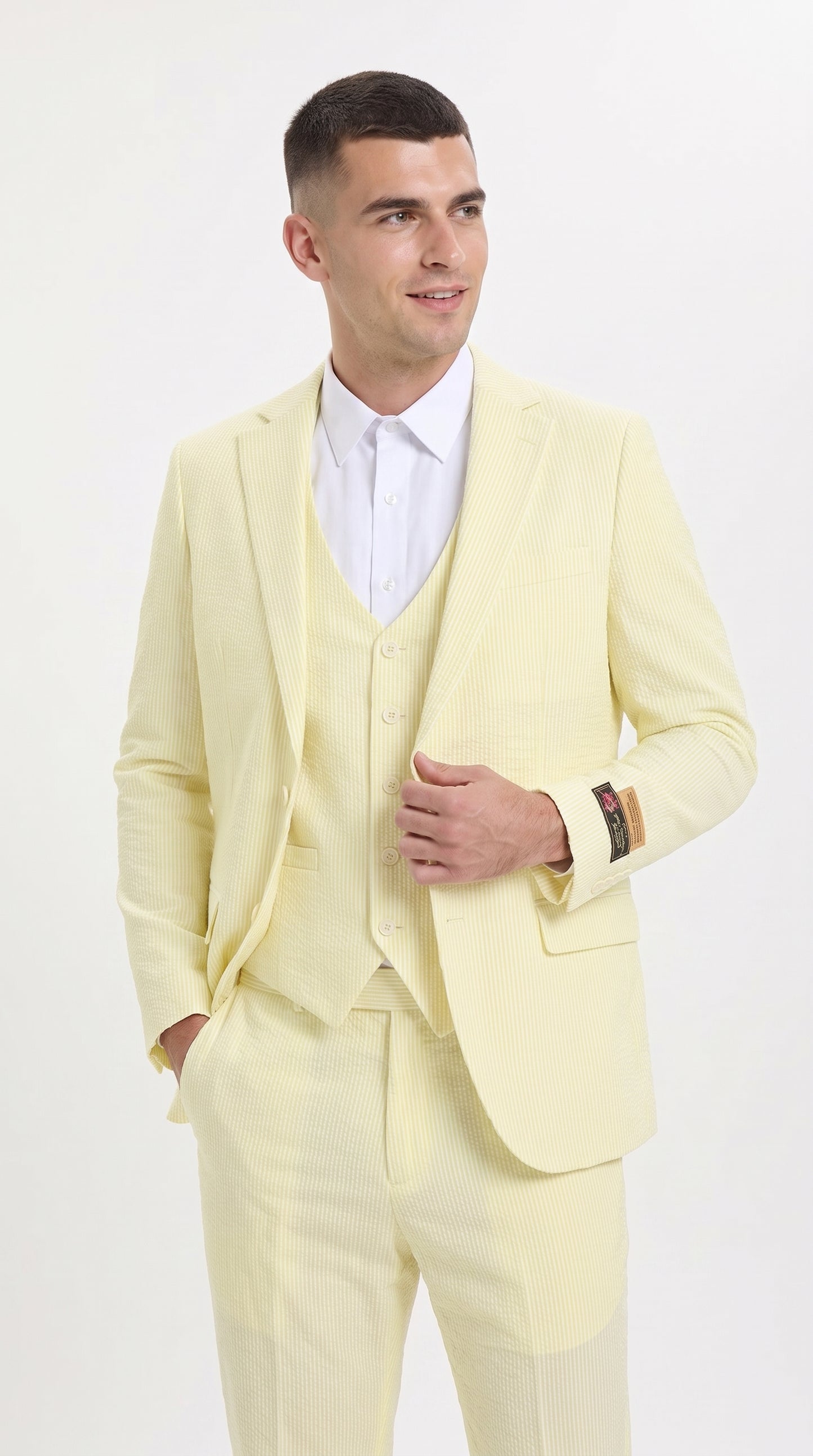 Men’s Yellow Pinstripe Seersucker Suit – 2 Piece Summer Suit Jacket and Pants