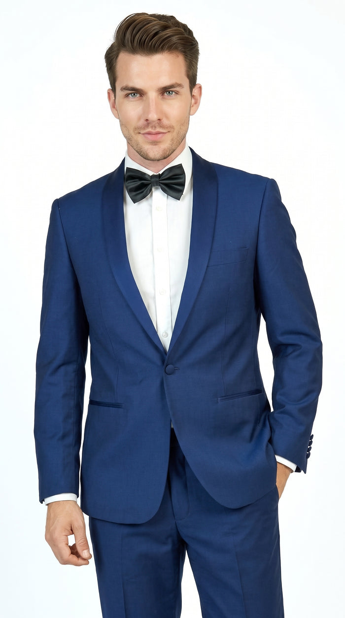 Men’s Midnight Blue Shawl Lapel Tuxedo, 1 Button Formal Wedding Prom Suit