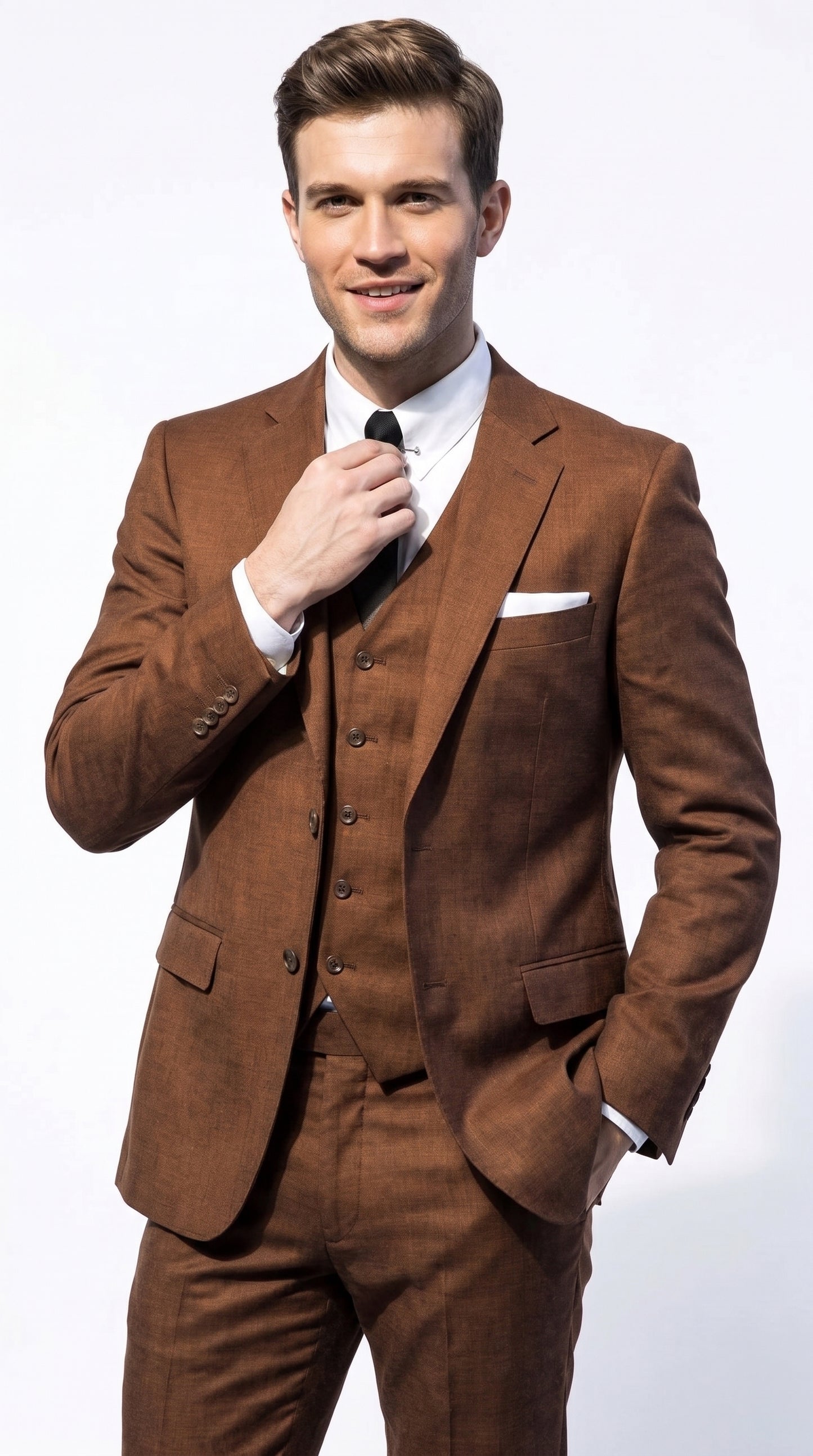 Men’s Cognac Ryan Gosling La La Land Inspired Vested Suit, 3 Piece Formal Wedding Prom Suit