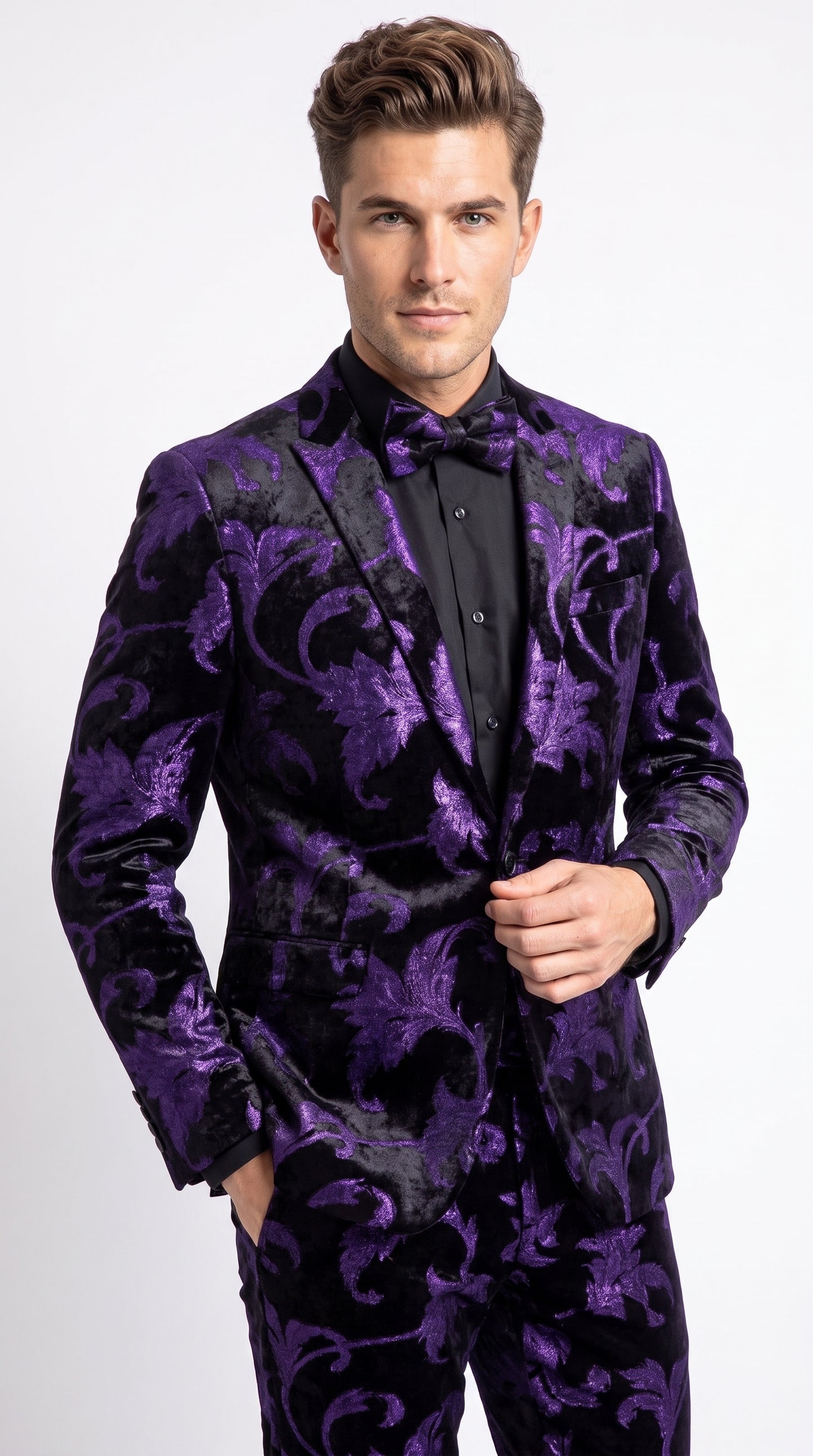 Men’s Purple and Black Paisley Tuxedo Suit – Mardi Gras Dinner Jacket with Matching Pants