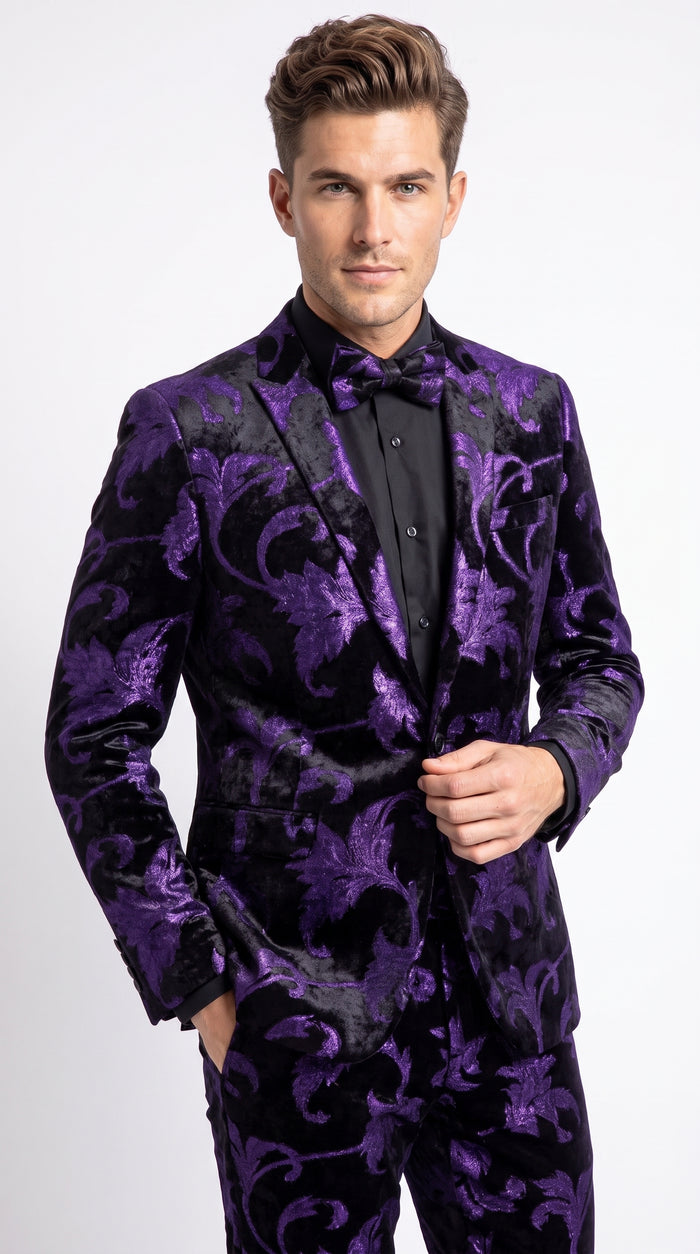 Men’s Purple and Black Paisley Tuxedo Suit – Mardi Gras Dinner Jacket with Matching Pants