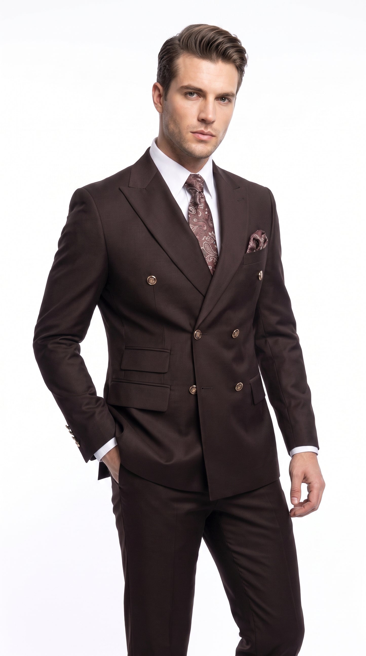 Men’s Brown Double Breasted Suit with Gold Buttons, Designer Formal Wedding Business Suit