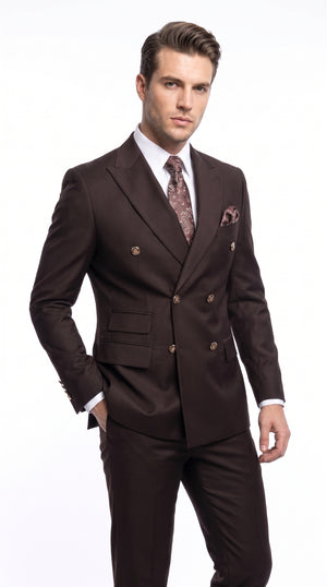 Men’s Brown Double Breasted Suit with Gold Buttons, Designer Formal Wedding Business Suit