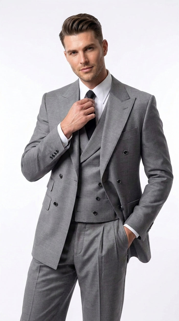 Tiglio Rosso Men’s Gray Super 150’s Italian Wool 3-Piece Suit – Double-Breasted Jacket, Vest and Wide-Leg Pants
