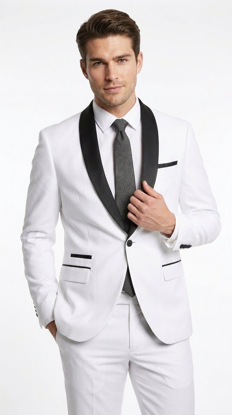 Men’s White 1-Button Shawl Lapel Tuxedo Jacket – Black Trim Wedding, Prom and Formal Dinner Blazer