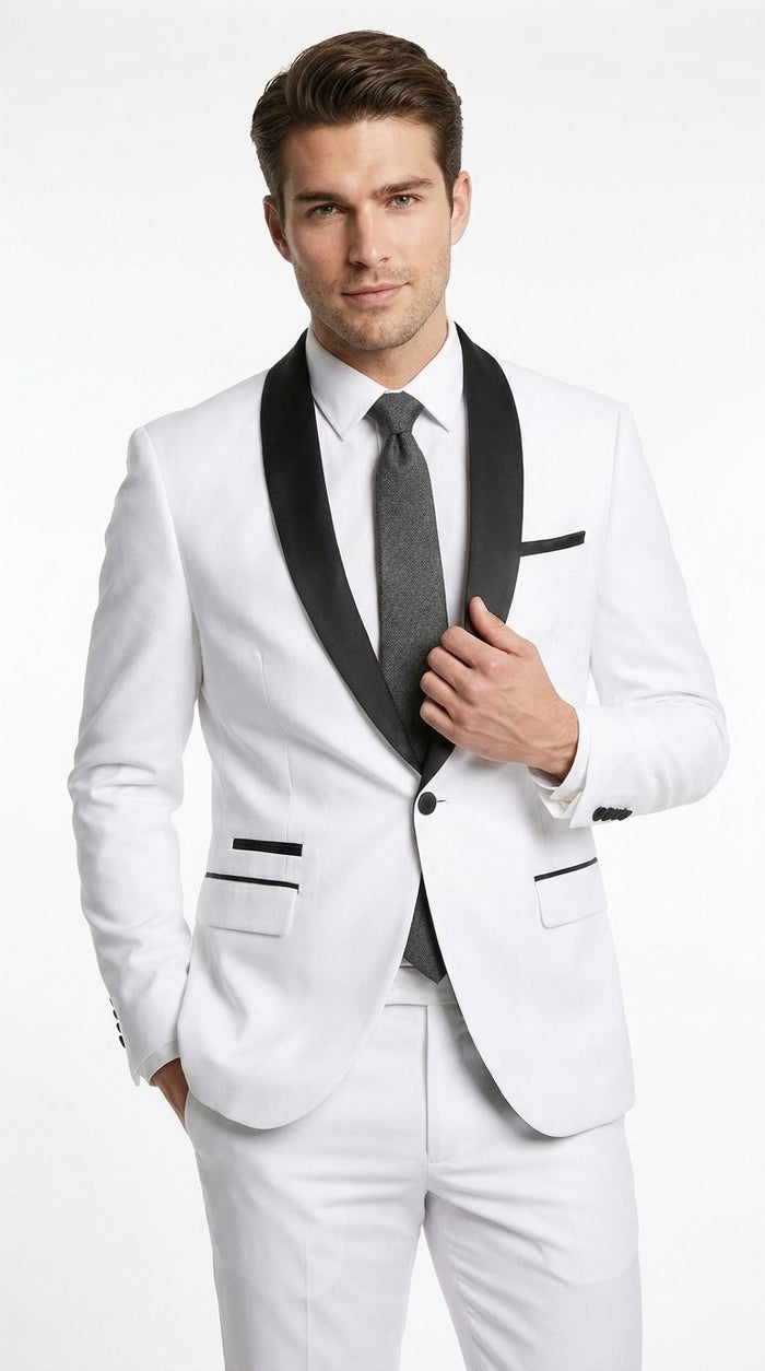 Men’s White 1-Button Shawl Lapel Tuxedo Jacket – Black Trim Wedding, Prom and Formal Dinner Blazer