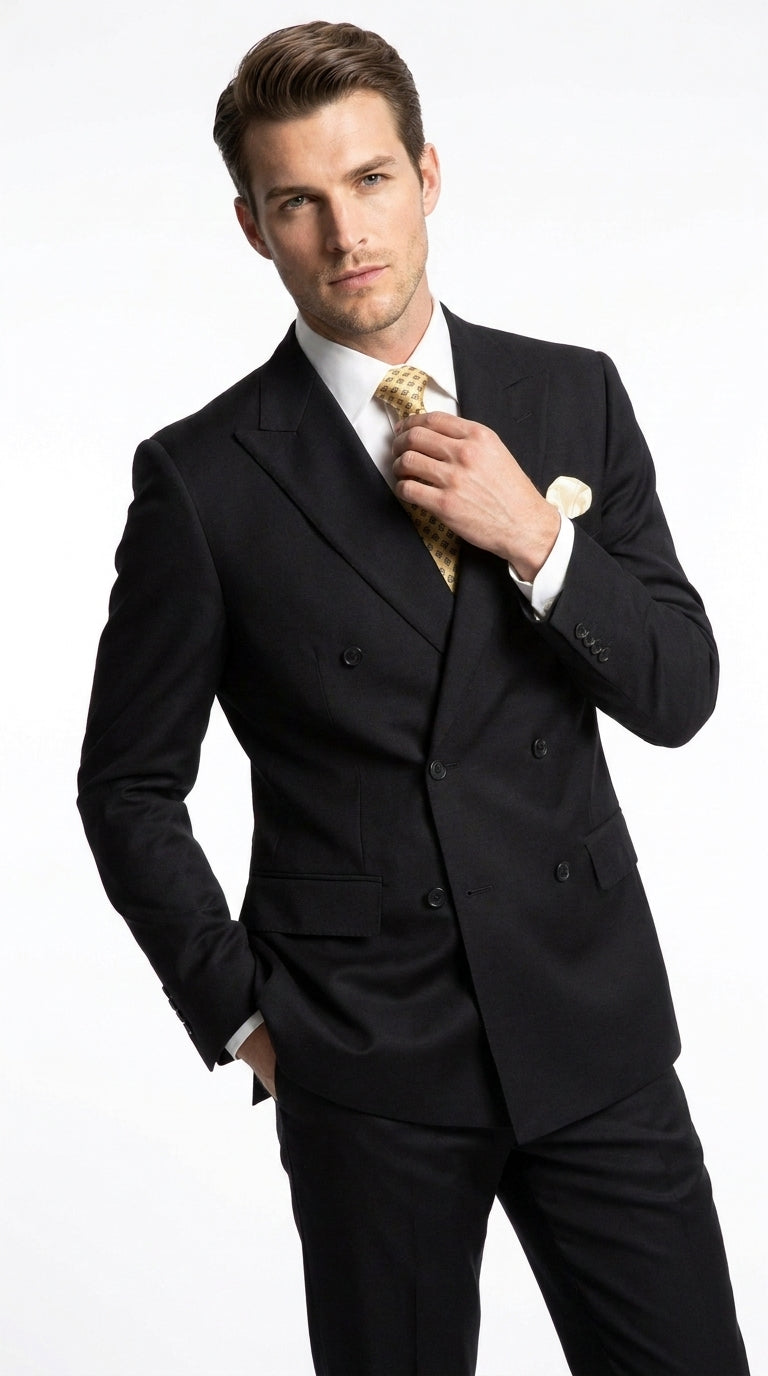 Men’s Black 100% Wool Double-Breasted Suit – Classic Business, Wedding and Formal Suit