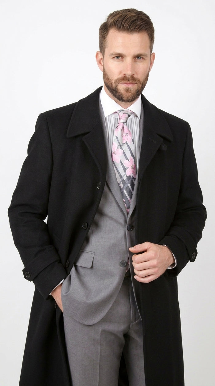 Men’s Black 100% Wool Gabardine Full-Length Overcoat – Wide Lapel Formal Top Coat