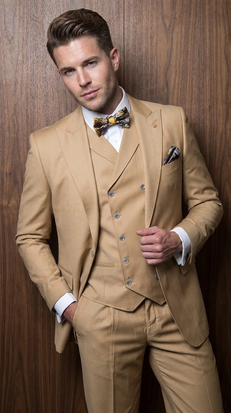 Men’s Camel 100% Wool 3-Piece Suit – One-Button Notch Lapel Suit with Double-Breasted Vest and Wide-Leg Pants