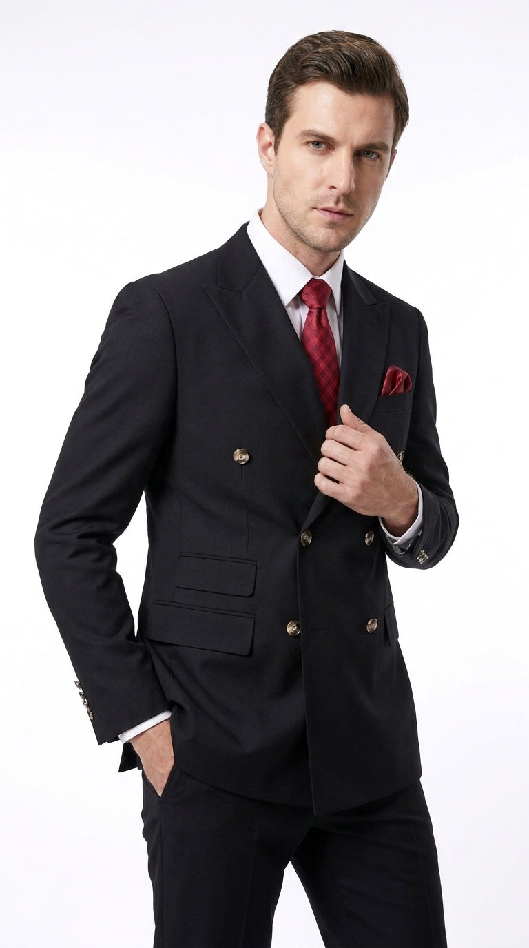 Men’s Black Classic Wool Double-Breasted Suit – Peak Lapel Wedding, Business and Formal Suit