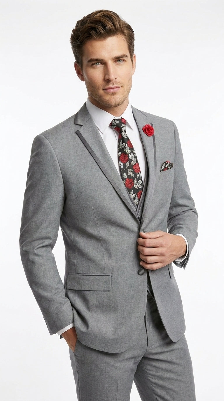 Men’s Grey Trim Tuxedo Suit – Vested Wedding, Prom and Formal Suit with Black Lapel Accents