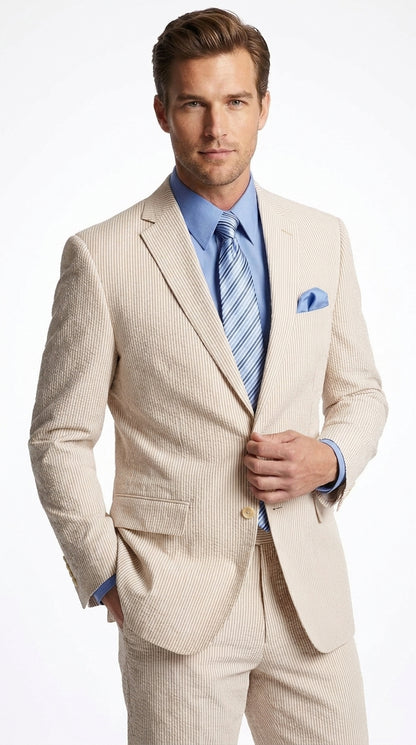 Men’s Tan Pinstripe Seersucker 2-Piece Suit – Lightweight Summer Wedding and Business Suit