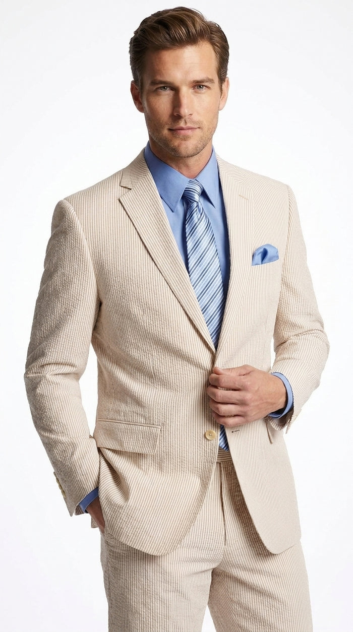 Men’s Tan Pinstripe Seersucker 2-Piece Suit – Lightweight Summer Wedding and Business Suit