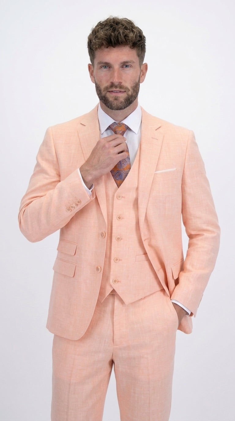Statement Men's Peach 3 Piece Suit – Light Orange Blush Modern Fit Wedding & Summer Suit with Ticket Pocket