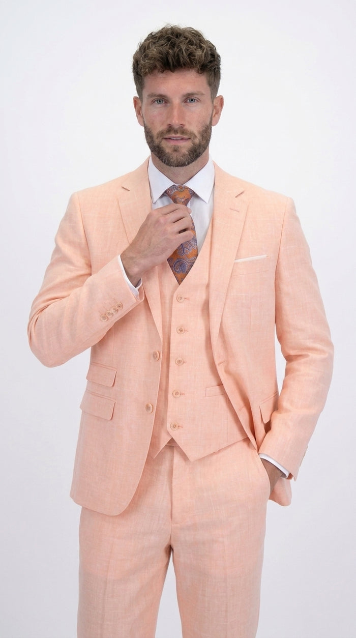 Statement Men's Peach 3 Piece Suit – Light Orange Blush Modern Fit Wedding & Summer Suit with Ticket Pocket
