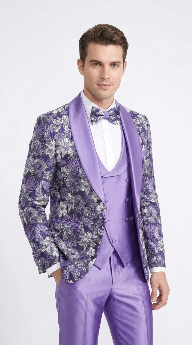 Men’s Purple Floral Prom Tuxedo – Shawl Lapel 3-Piece Wedding and Formal Suit