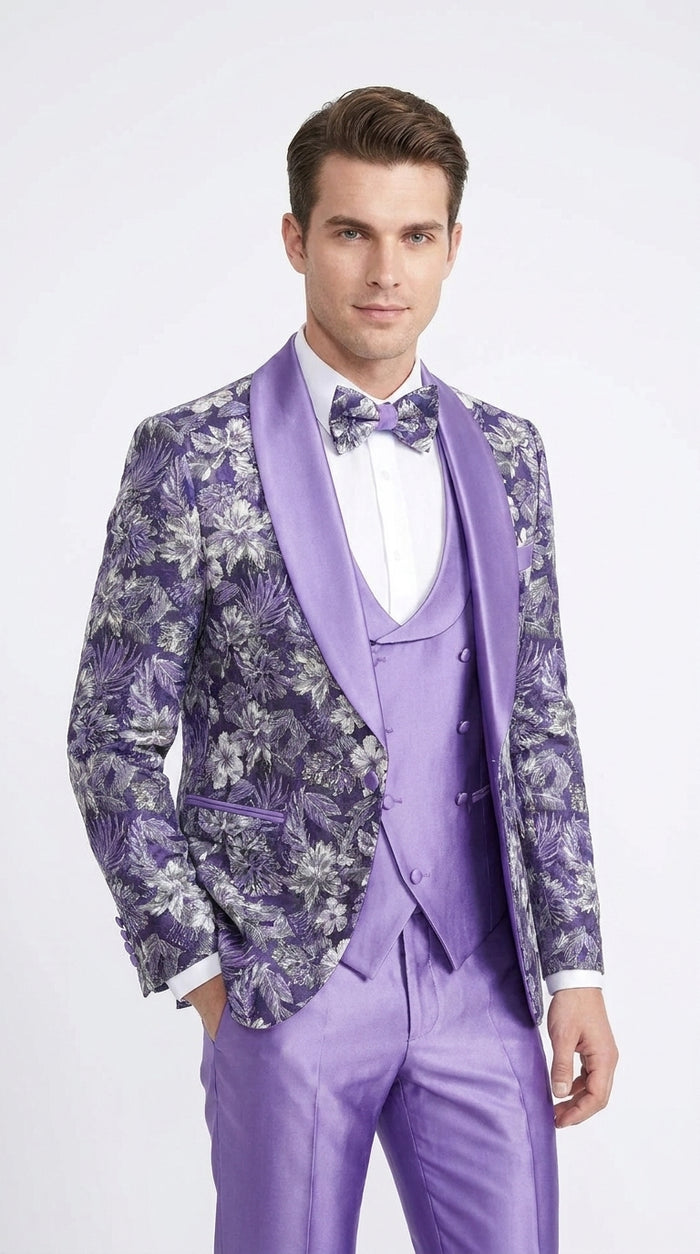 Men’s Purple Floral Prom Tuxedo – Shawl Lapel 3-Piece Wedding and Formal Suit