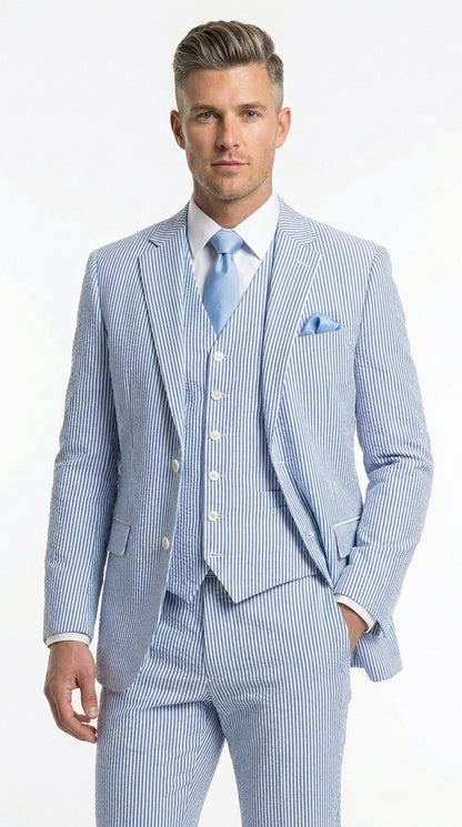 Men’s Light Blue Seersucker Jacket + Pants Suit with 2 Button Jacket, Summer Wedding Formal Dress Suit
