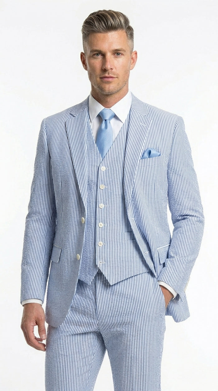 Men’s Light Blue Seersucker Jacket + Pants Suit with 2 Button Jacket, Summer Wedding Formal Dress Suit
