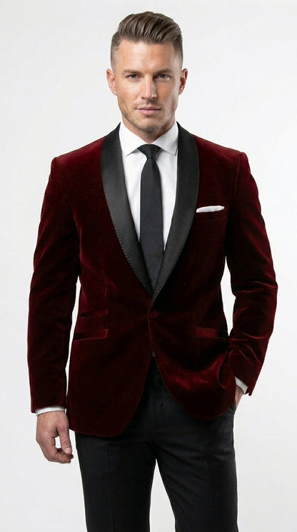 Men's One Button Velvet Shawl BMen’s Burgundy Velvet One Button Tuxedo Jacket, Black Shawl Collar Formal Dinner Blazer for Weddings, Prom, Parties, and Special Occasionsurgundy Collar Tuxedo Jacket