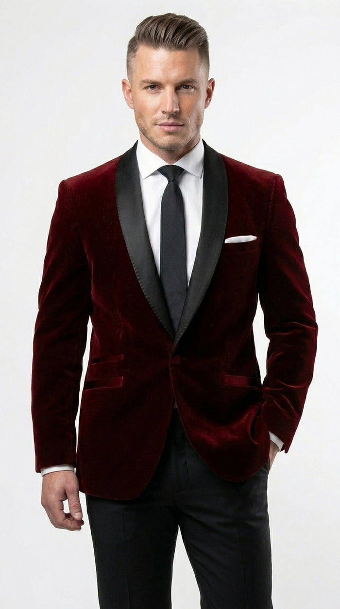 Men's One Button Velvet Shawl BMen’s Burgundy Velvet One Button Tuxedo Jacket, Black Shawl Collar Formal Dinner Blazer for Weddings, Prom, Parties, and Special Occasionsurgundy Collar Tuxedo Jacket