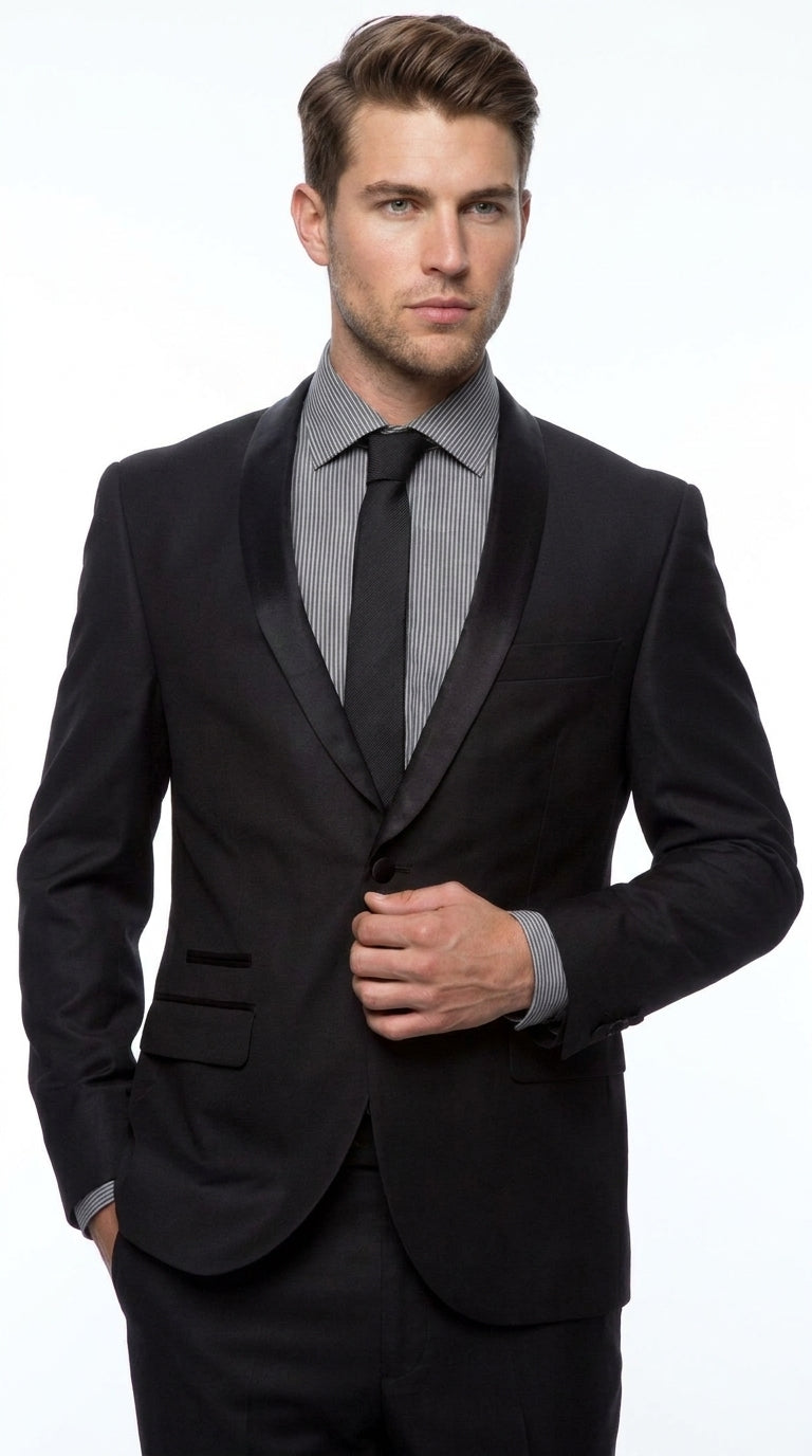 Men’s Black 1-Button Shawl Lapel Tuxedo – Wedding, Prom and Formal 2-Piece Suit