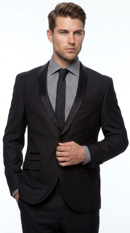 Men’s Black 1-Button Shawl Lapel Tuxedo – Wedding, Prom and Formal 2-Piece Suit