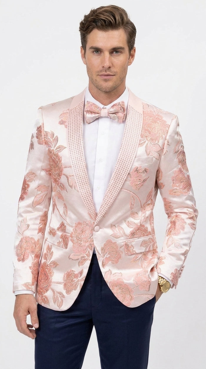 Men’s Pink Satin Paisley Prom Tuxedo Dinner Jacket, Floral Sport Coat Wedding Party Blazer