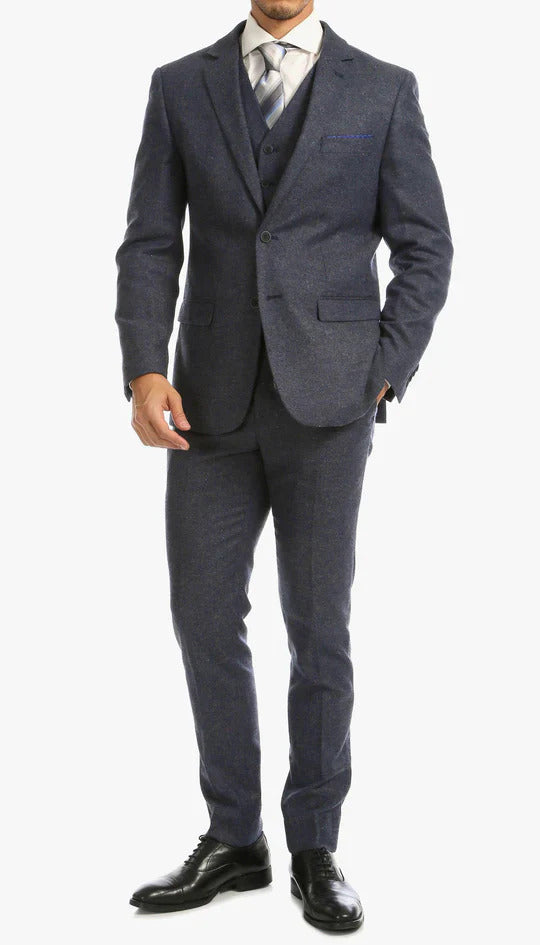 Marc Darcy Dion Teal Blue Tweed Slim Fit Wedding 3-Piece Suit Herringbone Fabric