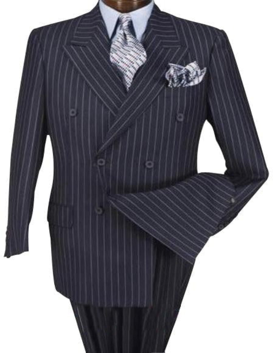 High Quality Dark Navy Blue Suits For Men & Chalk Bold White Pinstripe Double Breasted Suit 100% poly-ray