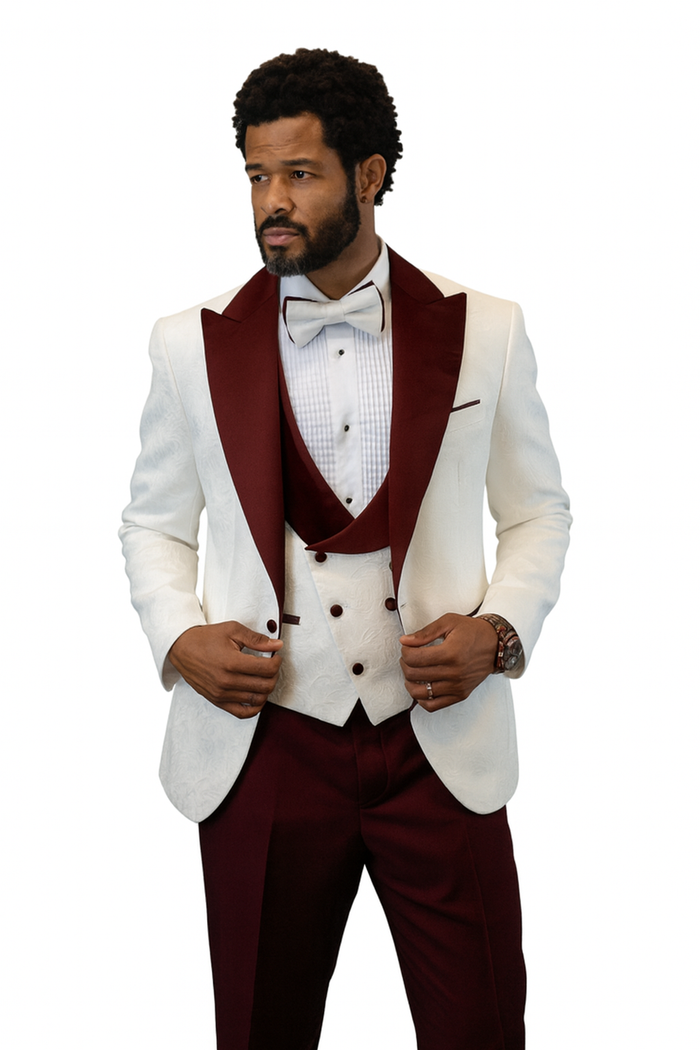 Hilton White & Burgundy Paisley Peak Lapel Tuxedo Jacket with Matching Shawl Vest & Wool Pants  Includes Bow Tie