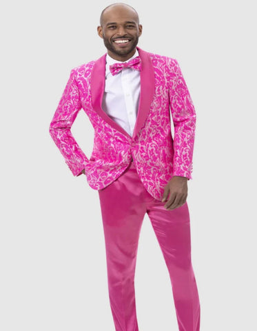 Mens Slim Fit Two Piece Brocade Paisely Prom Hot Pink Fuschia Tuxedo