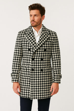 Mens Houndstooth Double-Breasted Wool Peacoat  Black and White Wool  Short Coat Slim Fit
