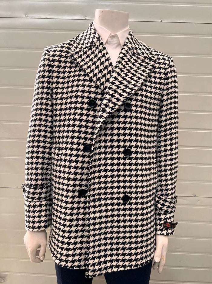 Mens Houndstooth Double-Breasted Wool Peacoat  Black and White Wool  Short Coat Slim Fit