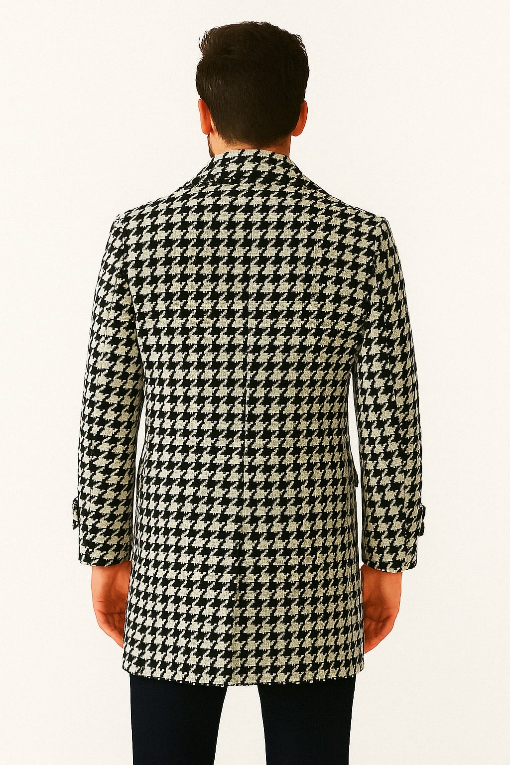 Mens Houndstooth Double-Breasted Wool Peacoat – Black and White Wool  Short Coat Slim Fit